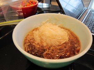 Just put my spiral cutter doodad right over the bowl to grade the onion and pear.