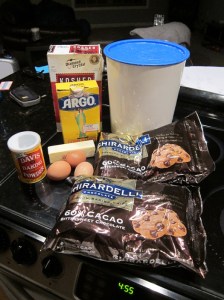 It's been a long time since I took a picture of all the ingredients, but I was amused/happy to see that my mom had at least 3 of those giant bags of chocolate!