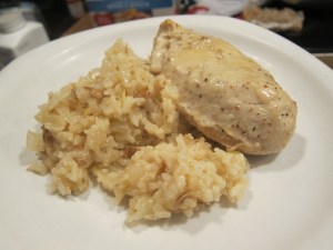 Lemon risotto (with mushrooms in the rice) and chicken marinated in Garlic Lemon Caesar Dressing). I suppose we should have had some vegetables, if only for color.