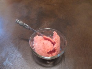 Tiny Peter Cottontail spoon much better at launching sherbet out of the dish than separating off a chunk to eat.