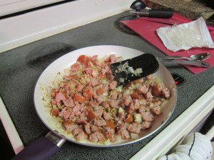 I couldn't actually find loose sausage, so just had to chunk up some...sausage shaped ones.